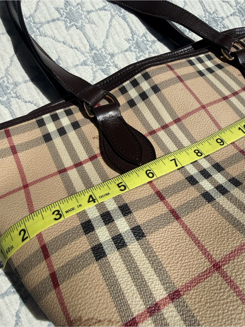 Vintage burberry Classic Check Canvas Tote Bag with Dark Brown Leather Trim